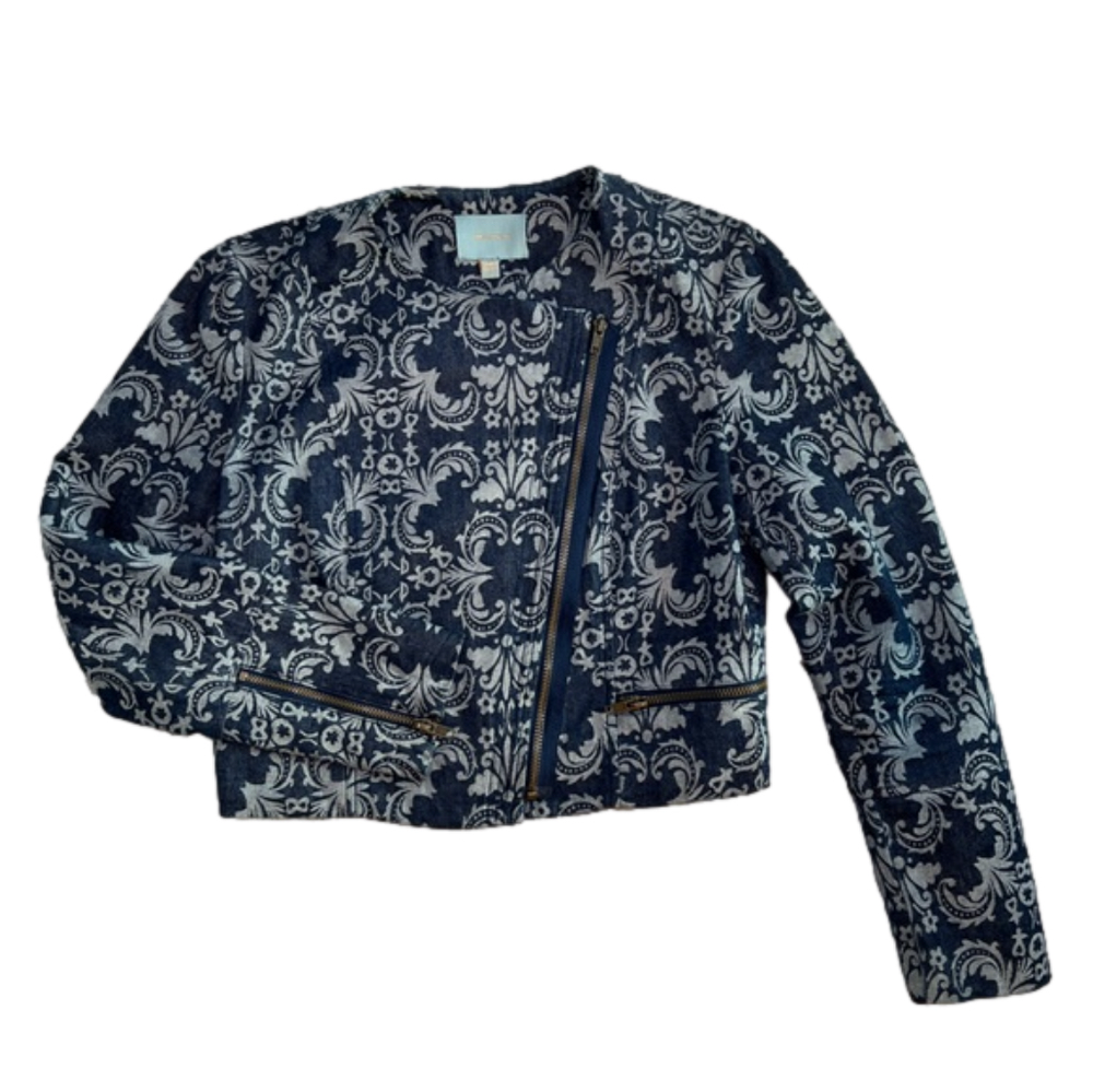 Skies are Blue Anthropologie asymmetrical zip denim cropped jacket, size S